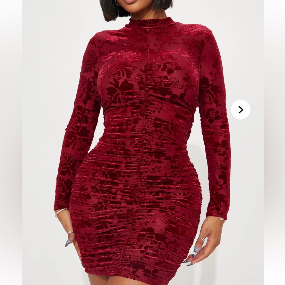 Fashion Nova Burgundy Velvet Floral Ruched Long Sleeve Dress
